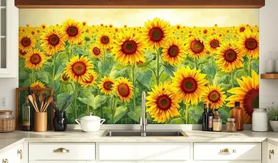 Фартук с рисунком подсолнухов и столешница с раковиной