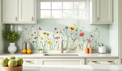 Кухня в стиле прованс с фартуком с цветочным рисунком